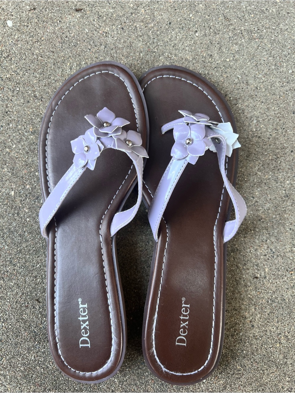 Dexter Brown Footbed Thong Sandals with Lavender Floral Accents